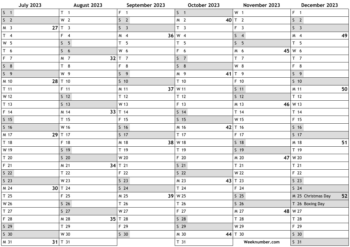 2023 Calendar 2nd Half