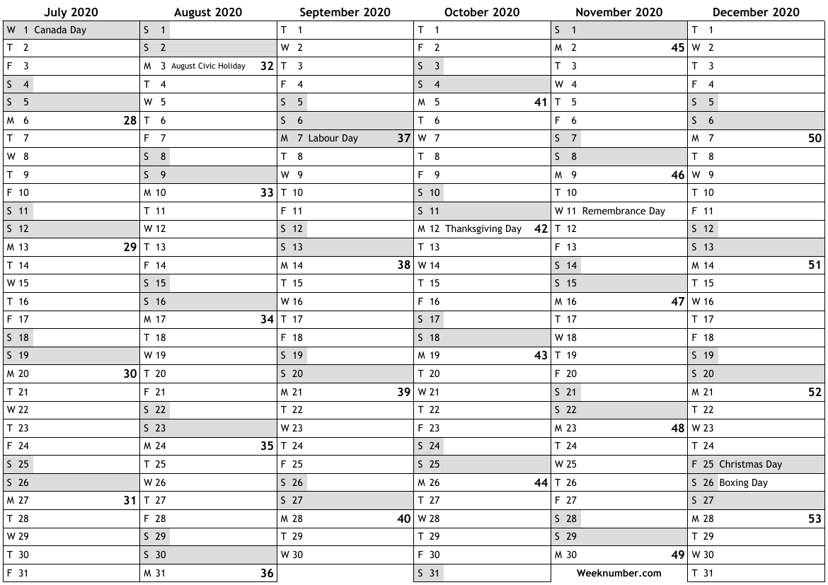 2020 calendar with week numbers and holidays for Canada … official public holidays, bank ...