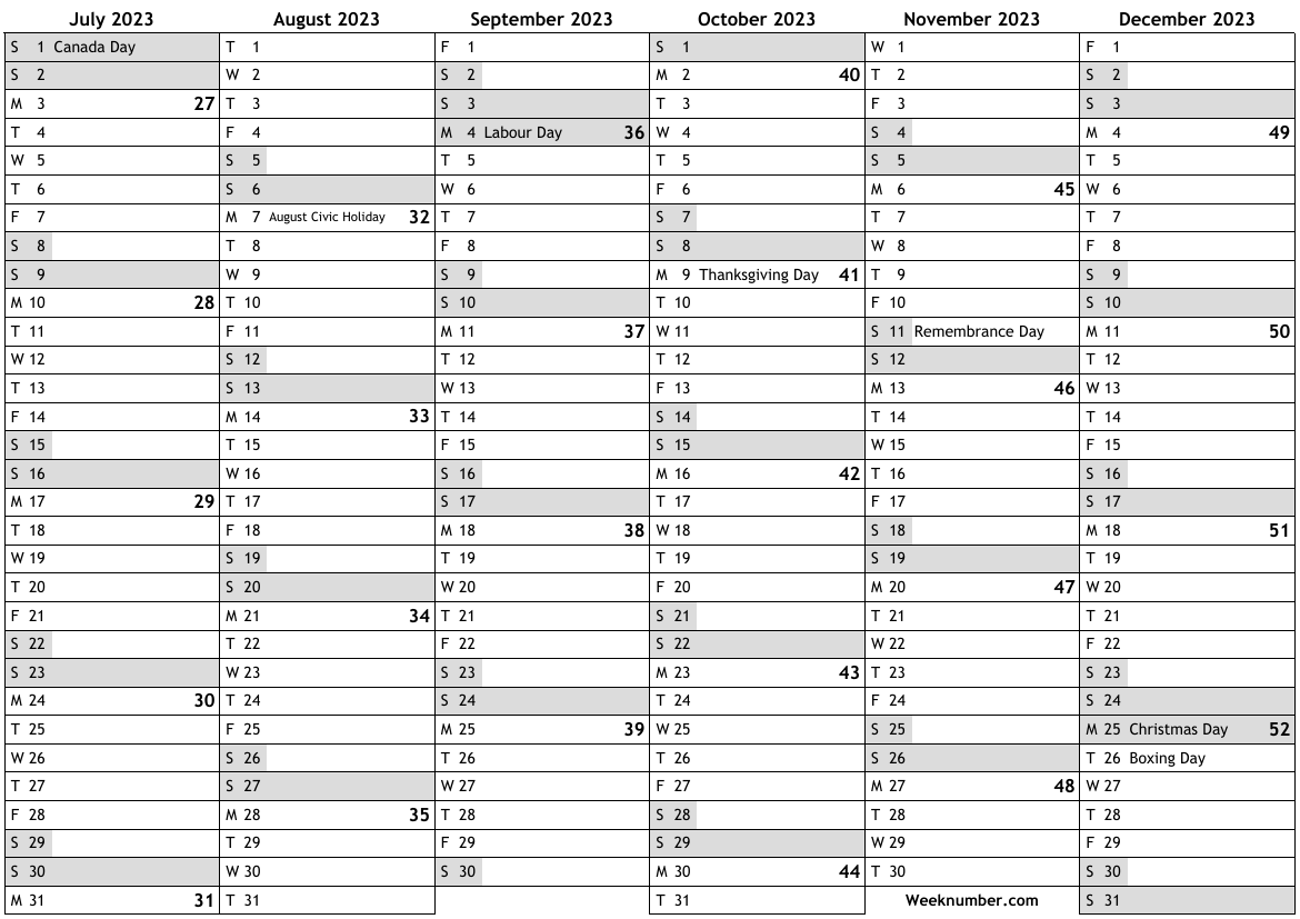 2023 Calendar 2nd Half