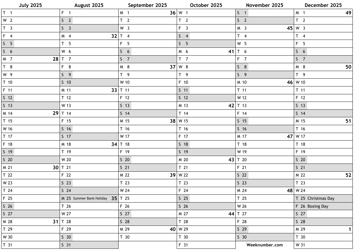 2025 calendar, 2nd half