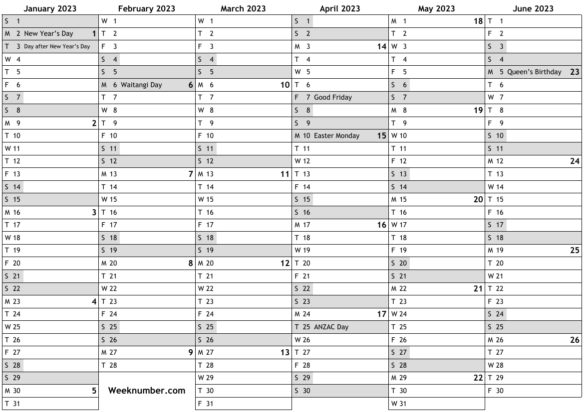 2023 Calendar With Week Numbers And Holidays For New Zealand Official 