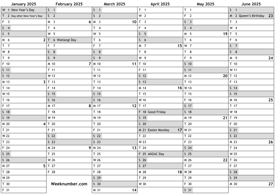 2025 Calendar With Week Numbers And Holidays For New Zealand Official 