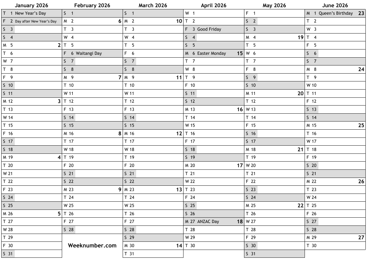 2026 calendar with week numbers and holidays for New Zealand … official public holidays, bank 