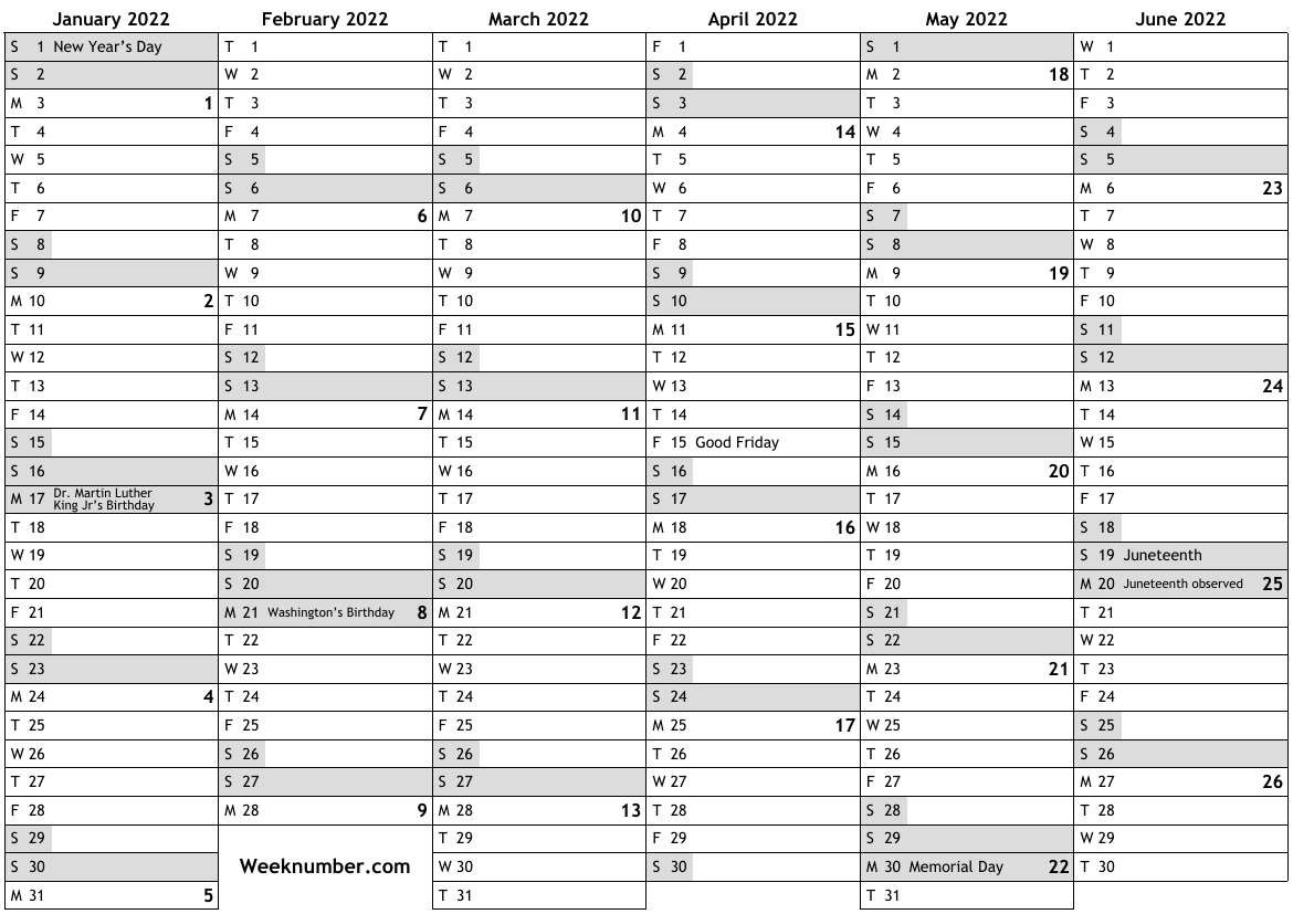 2022 Calendar With Week Numbers And Holidays For United States 