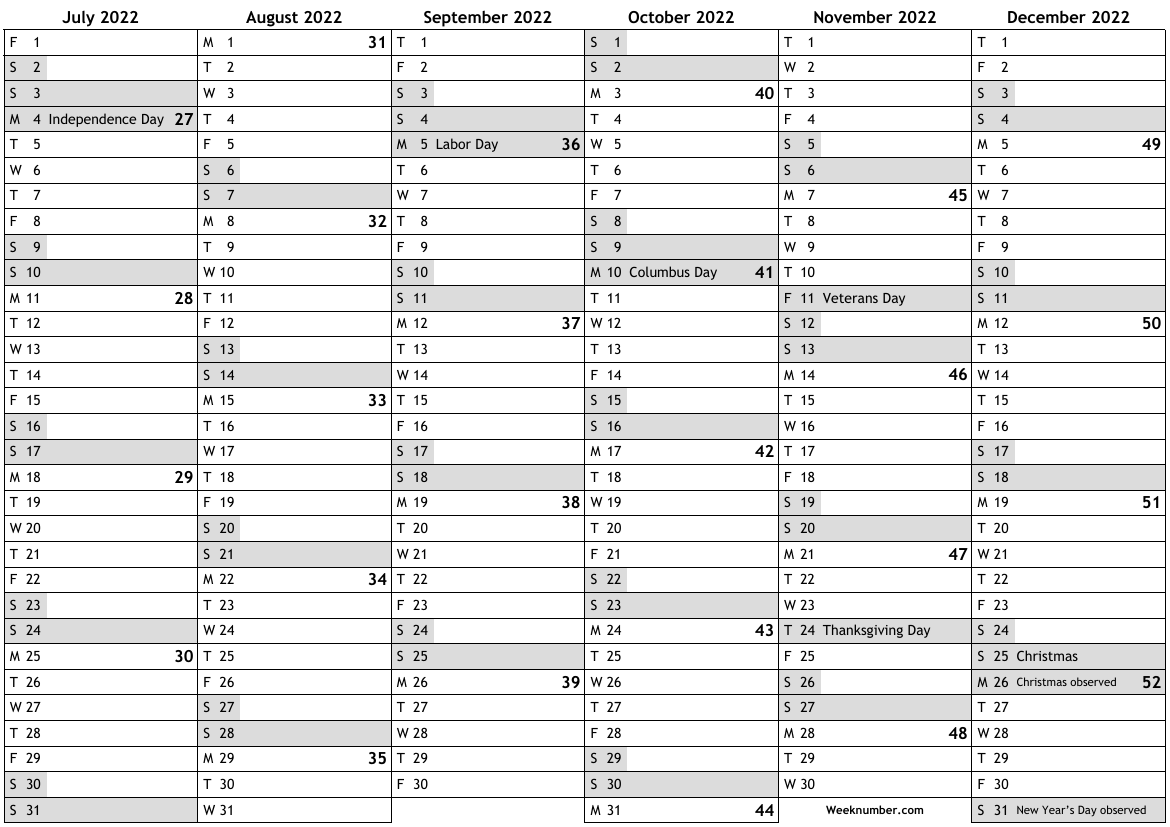 2022 calendar 2nd half