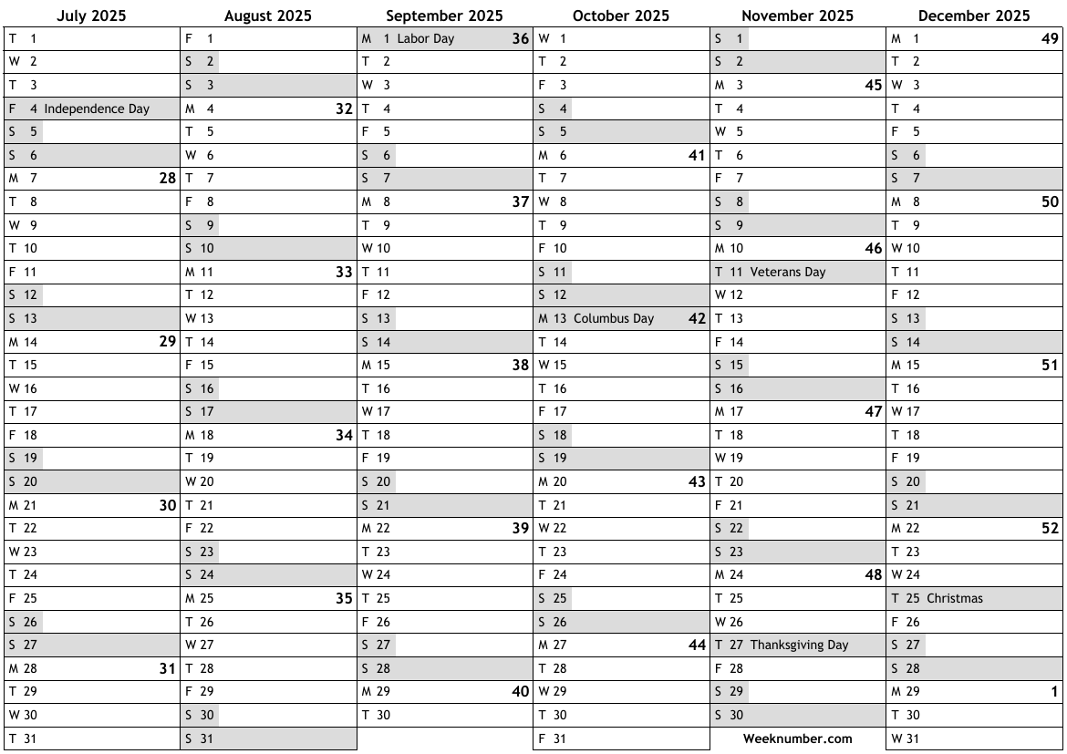 Calendar Second Half 2025